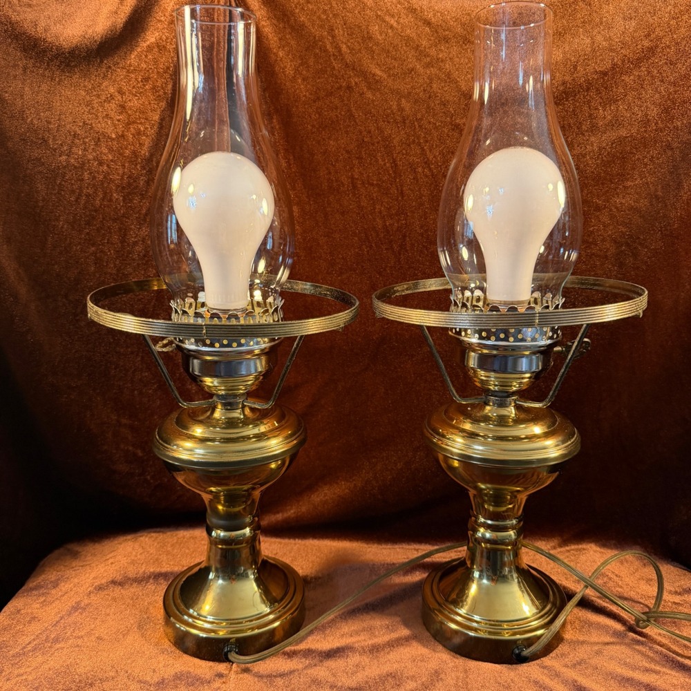 VTG  Hurricane Table Lamps Pair Electric Glass Chimney Colonial Style 17"